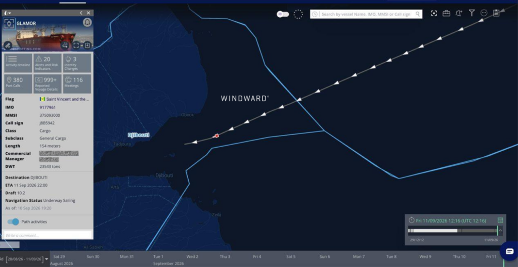 GLAMOR, a Saint Vincent and the Grenadines-flagged general cargo vessel, underway toward Djibouti. Source: Windward Maritime AI™ Platform.