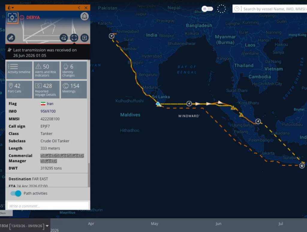 DERYA showing its last transmission on June 26, 2026, off Sri Lanka before going dark. Source: Windward Maritime AI™ Platform.