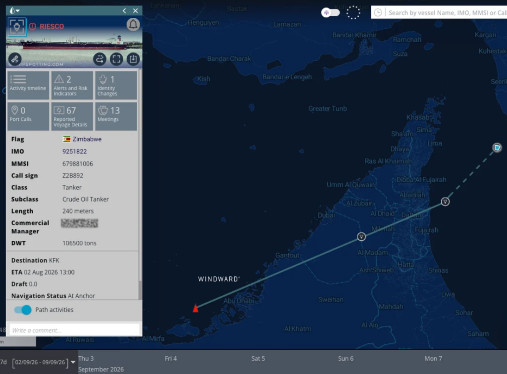 RIESCO at its last AIS position in the Gulf of Oman as of September 8. Source: Windward Maritime AI™ Platform.