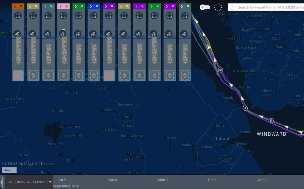 Commercial vessels transiting the Bab el-Mandeb Strait past Mocha and Assab, September 4 to 11, 2026. Source: Windward Maritime AI™ Platform.