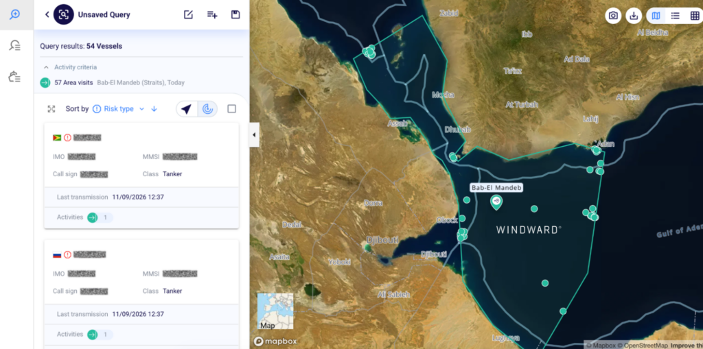 Windward query results showing 57 area visits to the Bab el-Mandeb Strait, with vessels including Guyana-flagged and Russia-flagged vessels. Source: Windward Maritime AI™ Platform.