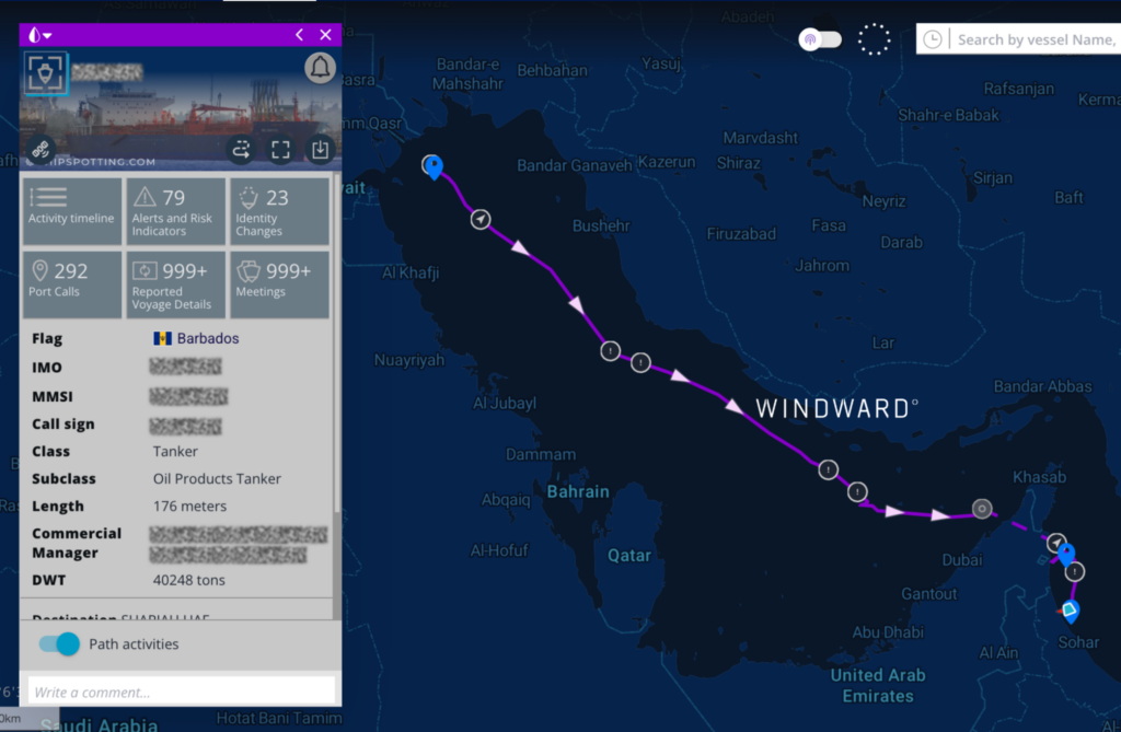 Vessel path across the Gulf between the Kuwait anchorage and the Fujairah and Sohar approaches. Source: Windward Maritime AI™ Platform.