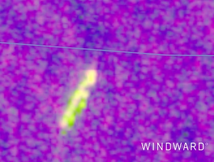 SAR imagery placed the vessel directly on the cable route on August 8, 2026, at 21:42 UTC. Source: Windward All-Source Operational Intelligence