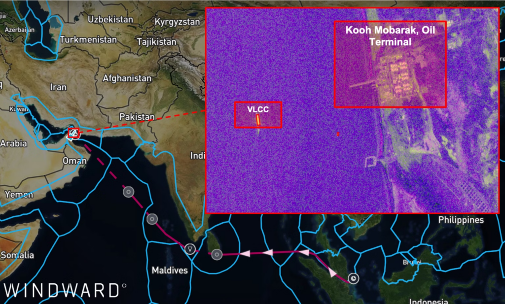 The vessel's last voyage and a matching VLCC at Kooh Mobarak, March 7, 2026. Source: Windward All-Source Operational Intelligence