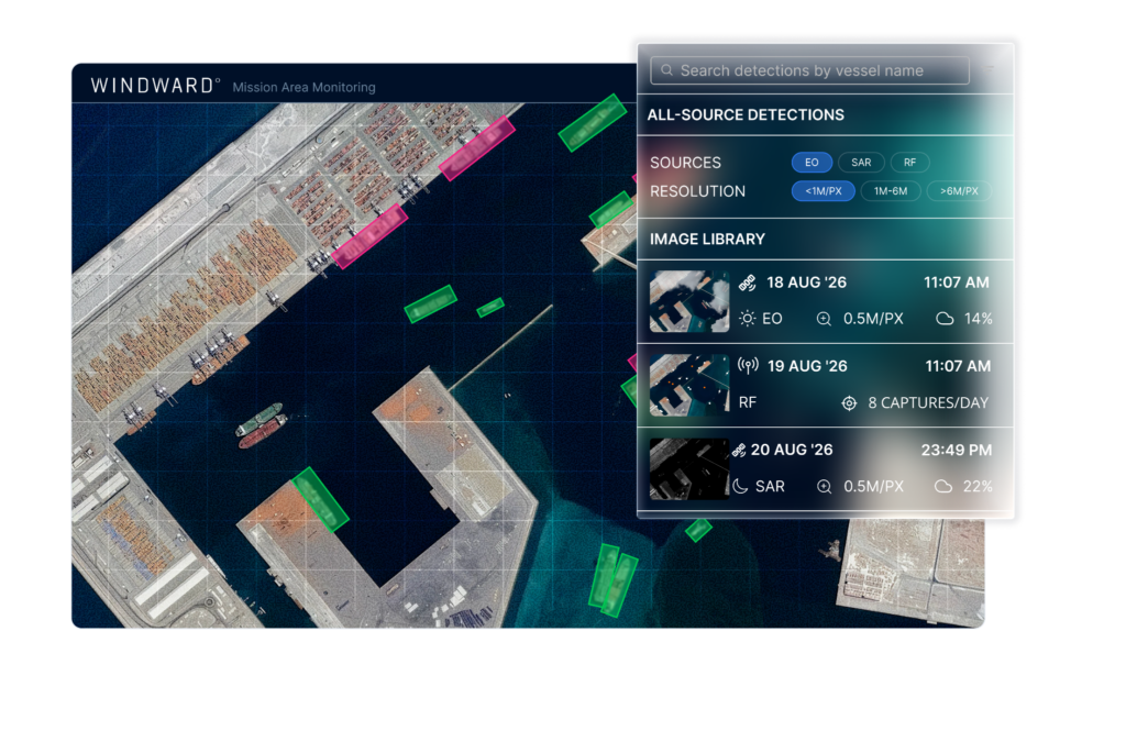 A vessel transits the Arabian Gulf broadcasting normally, goes dark on approach to the Strait, leaving its behavior during the dark period unaccounted for, and resumes transmission in the Gulf of Oman after transit. Source: Windward Maritime AI™ Platform.