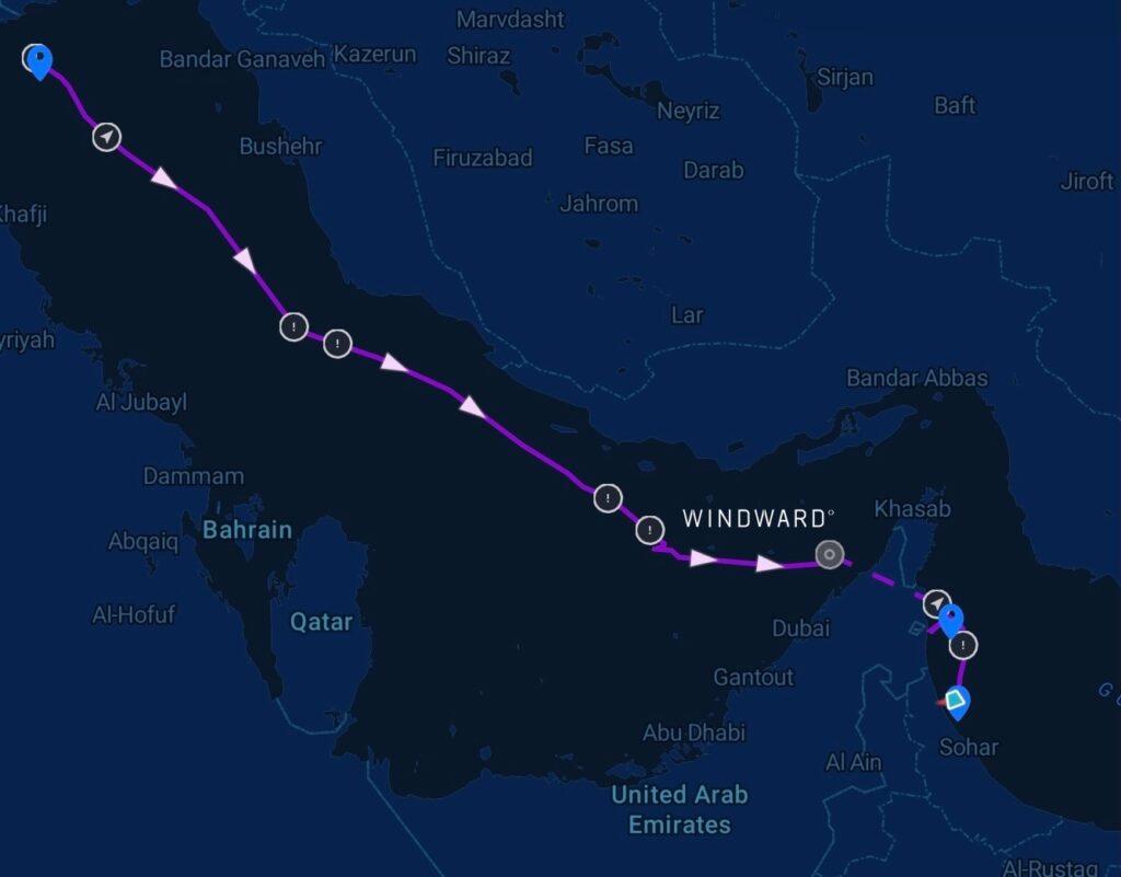 A vessel transits the Arabian Gulf broadcasting normally, goes dark on approach to the Strait, leaving its behavior during the dark period unaccounted for, and resumes transmission in the Gulf of Oman after transit. Source: Windward Maritime AI™ Platform.