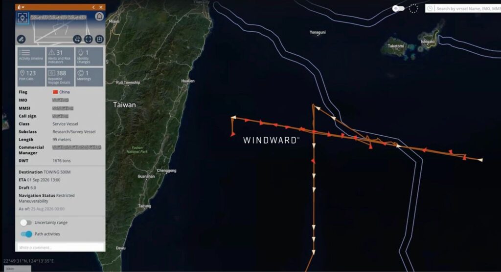 Vessel track across the Pacific Light Cable Network corridor in the Taiwan Strait and Bashi Channel, showing repeated transits along and across the cable route over 13 days. Source: Windward Maritime AI™ Platform.