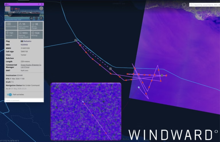 JIN LI's reported vessel path, compared to SAR imagery showing its true location. Source: Windward All-Source Operational Intelligence