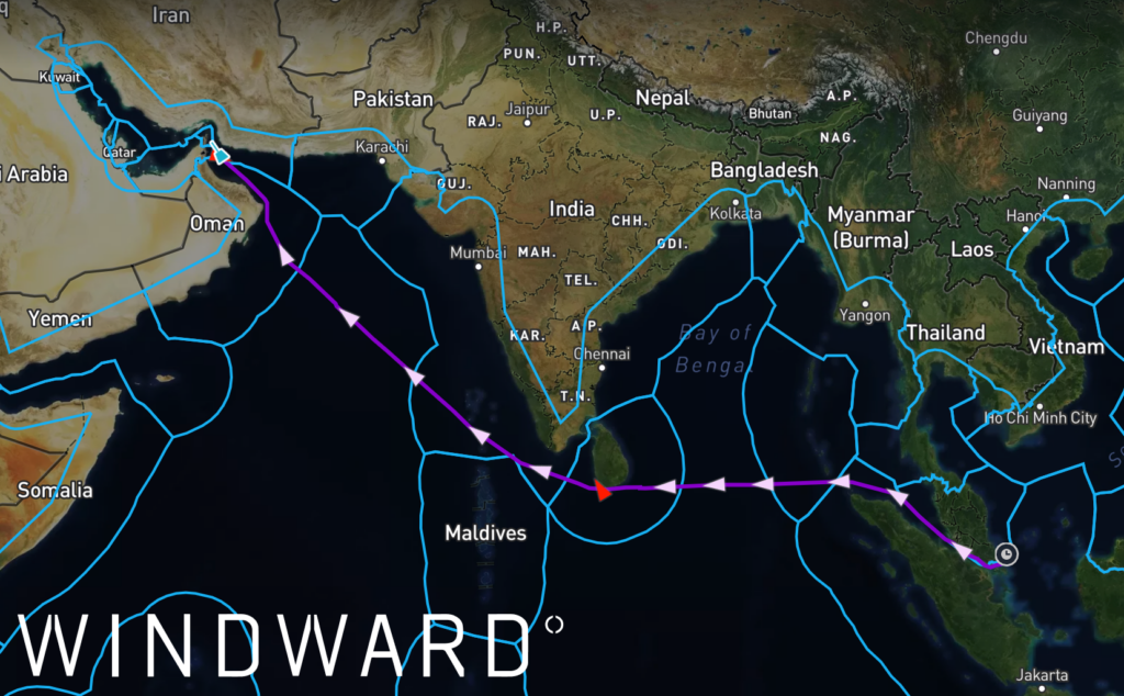 The tanker's path before going dark. Source: Windward Maritime AI™ Platform.