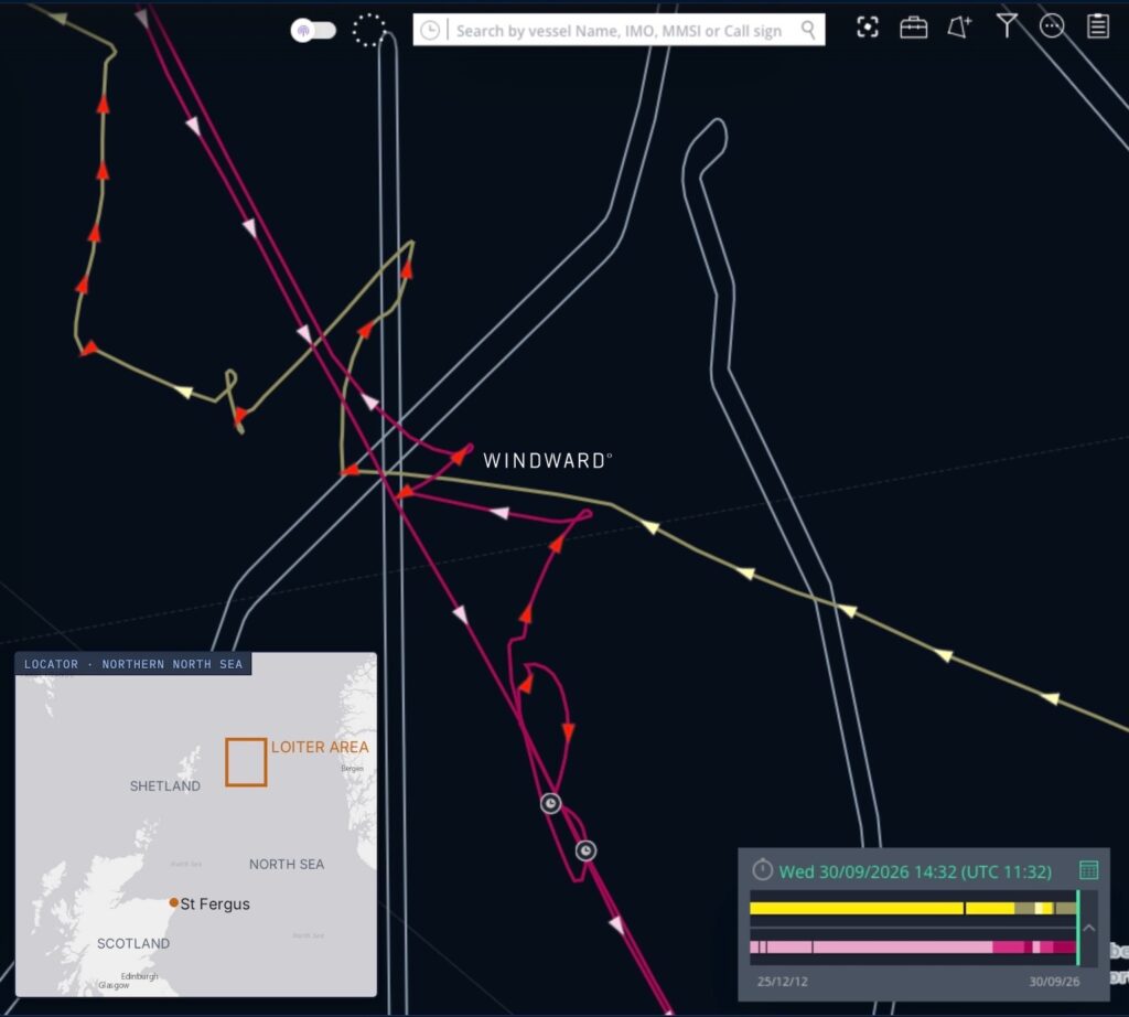 Matching drift-and-reposition loiters east of Shetland over the FLAGS and Alwyn-Frigg gas pipelines, September 23 to 30, 2026. Source: Windward Maritime AI™ Platform.