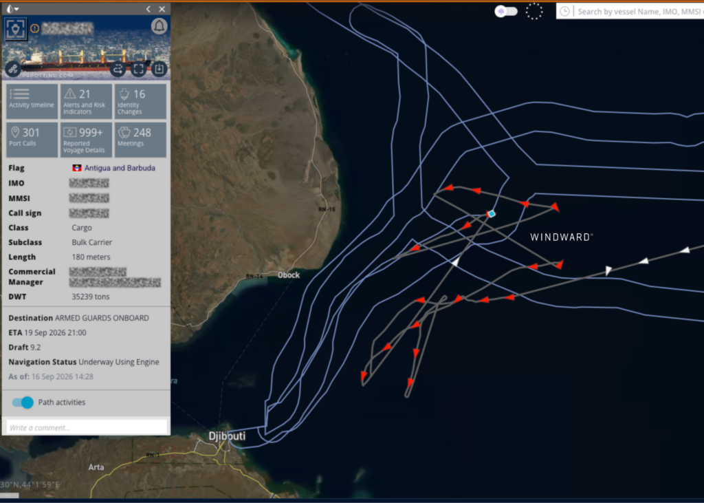 Bulk carrier loitering over the Bab el-Mandeb cable corridor off Djibouti, September 16 to 24, 2026. Source: Windward Maritime AI™ Platform.