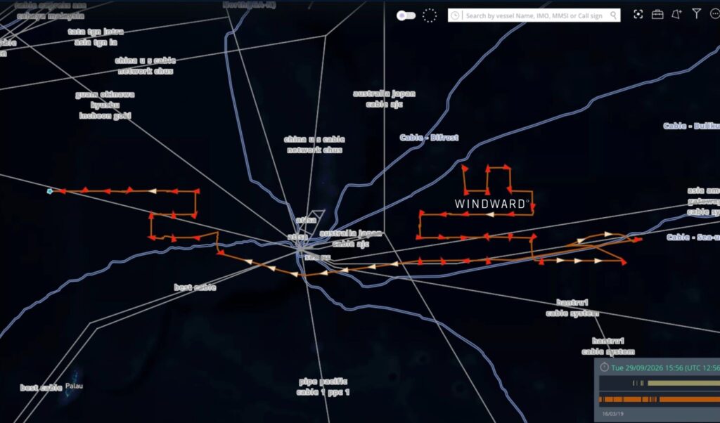 Chinese fishery patrol vessel research grids either side of the Guam cable hub, August 31 to September 29, 2026. Source: Windward Maritime AI™ Platform.