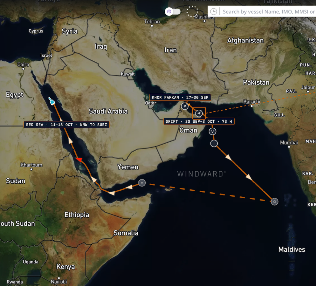 Voyage from Khor Fakkan through the 73-hour drift off Muscat to the Red Sea transit, September 27 to October 13, 2026. Source: Windward Maritime AI™ Platform.
