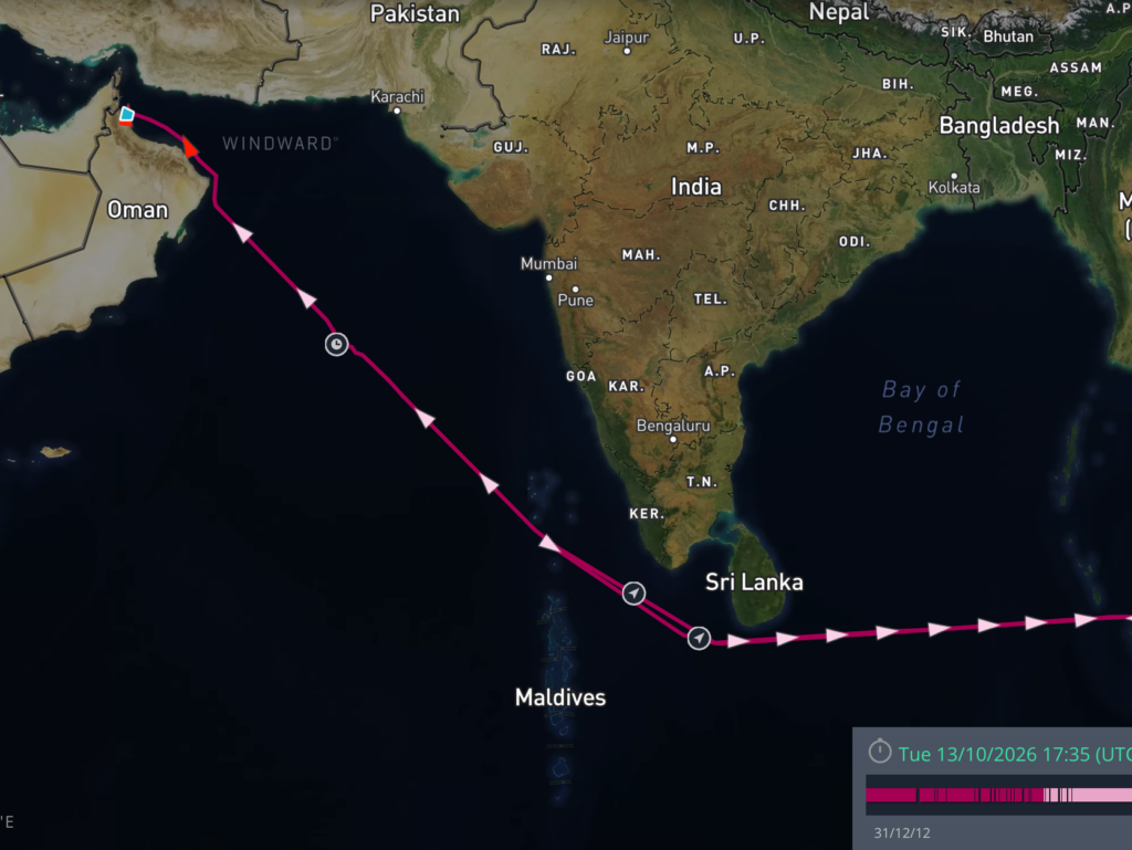 Voyage from the Malacca Strait across the Arabian Sea, with the drift position northwest of the Maldives. Source: Windward Maritime AI™ Platform.