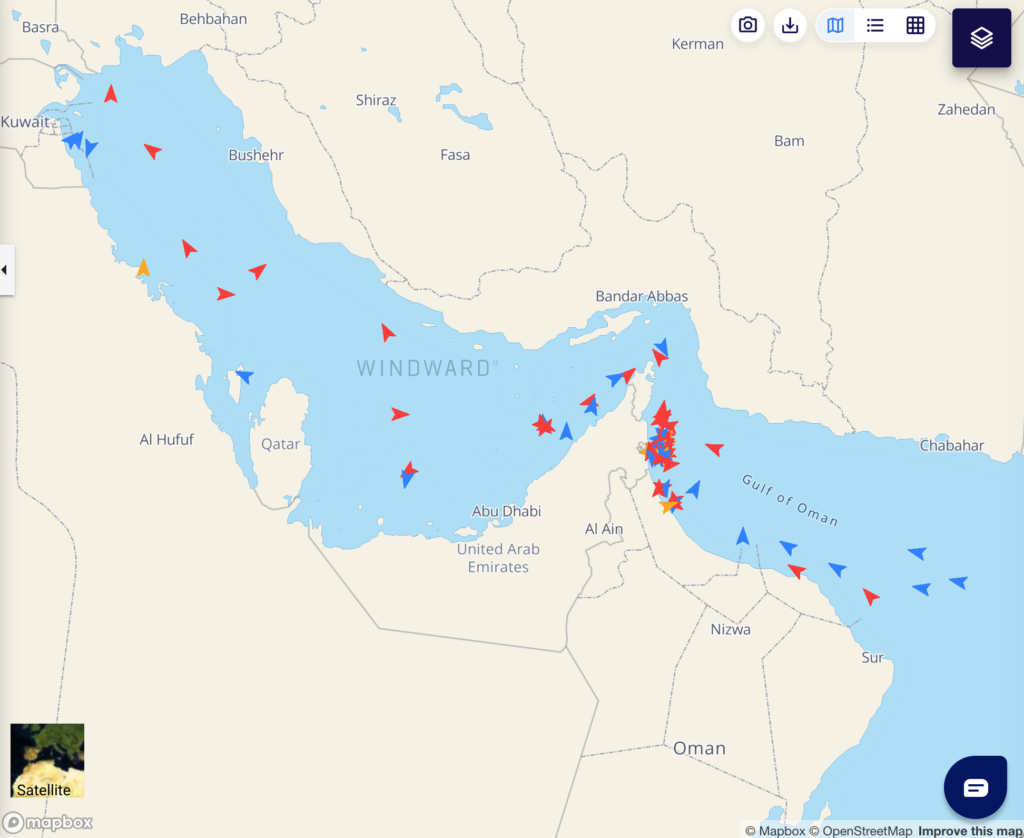 Tankers across the Middle East Gulf, Strait of Hormuz and Gulf of Oman. Source: Windward Maritime AI™ Platform.