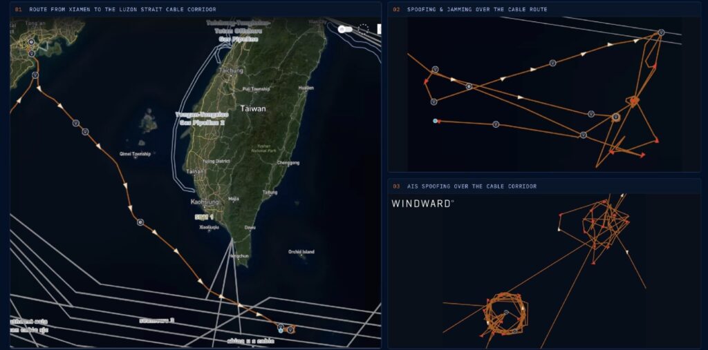Route from Xiamen to the Luzon Strait cable corridor, with AIS spoofing and jamming detections over the cable route, September 19 to 28, 2026. Source: Windward Maritime AI™ Platform.
