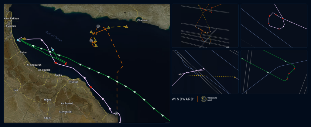 Tracks of the three sanctioned tankers off Oman’s Batinah coast, October 14–28, 2026. CELESTIAL SEA (lilac) looped and went dark over 2Africa and BBG, the VLGC (green) turned back after slowing on 2Africa, and the Iran-flagged VLCC (orange) loitered near the EIG, TW1, BBG, and SeaMeWe-4 routes. Identifiers for the VLGC and VLCC redacted. Source: Windward Maritime AI™ Platform.