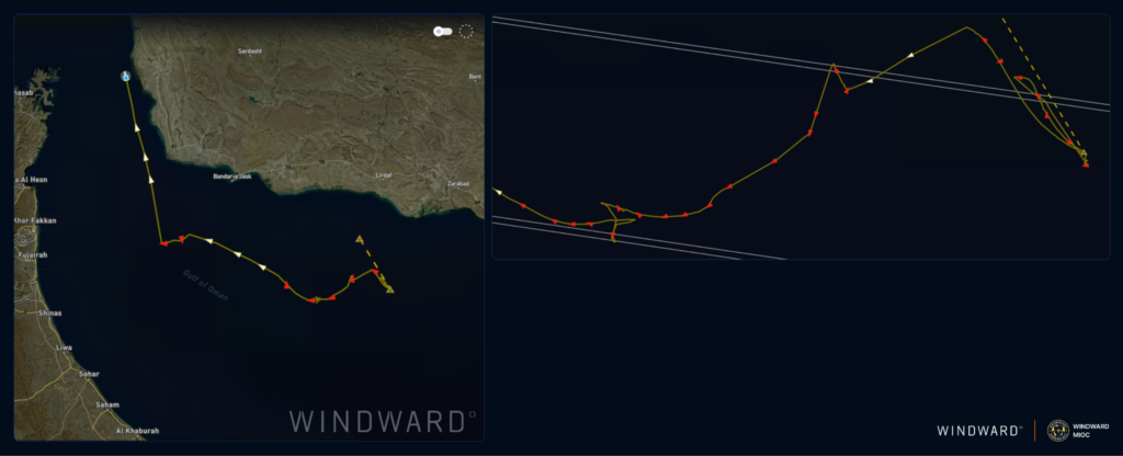 Route across the Gulf of Oman, with detail of the loitering track along two cable routes between October 21 and 24, 2026. Dashed segments are dark periods. Source: Windward Maritime AI™ Platform.