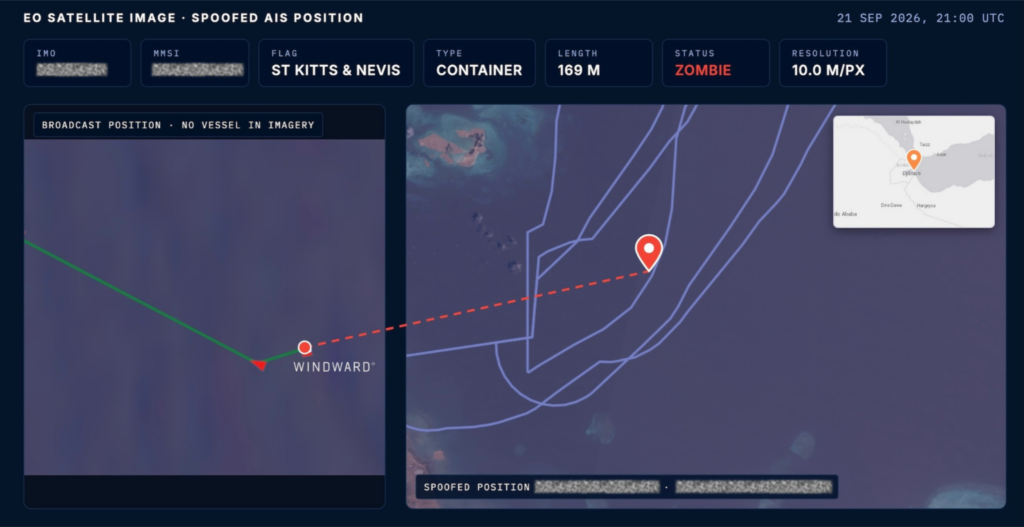 EO satellite imagery of the broadcast position showing no vessel present, September 21, 2026, 21:00 UTC. Source: Windward Remote Sensing Intelligence.