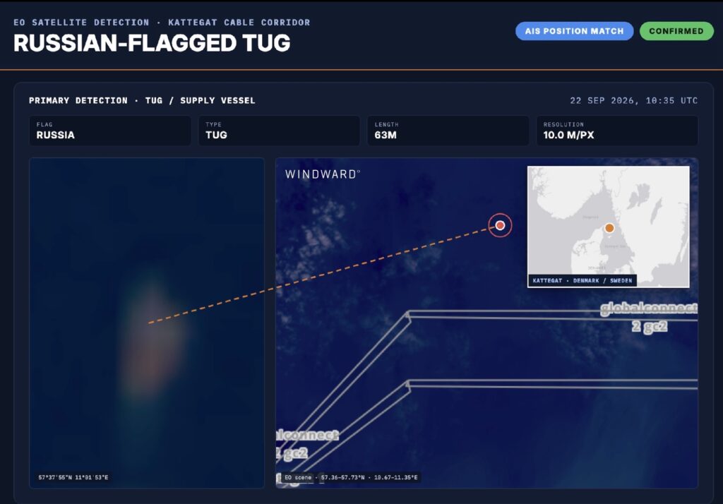 EO imagery of a Russian-flagged tug in the Kattegat cable corridor, September 22, 2026, 10:35 UTC. Source: Windward Remote Sensing Intelligence.