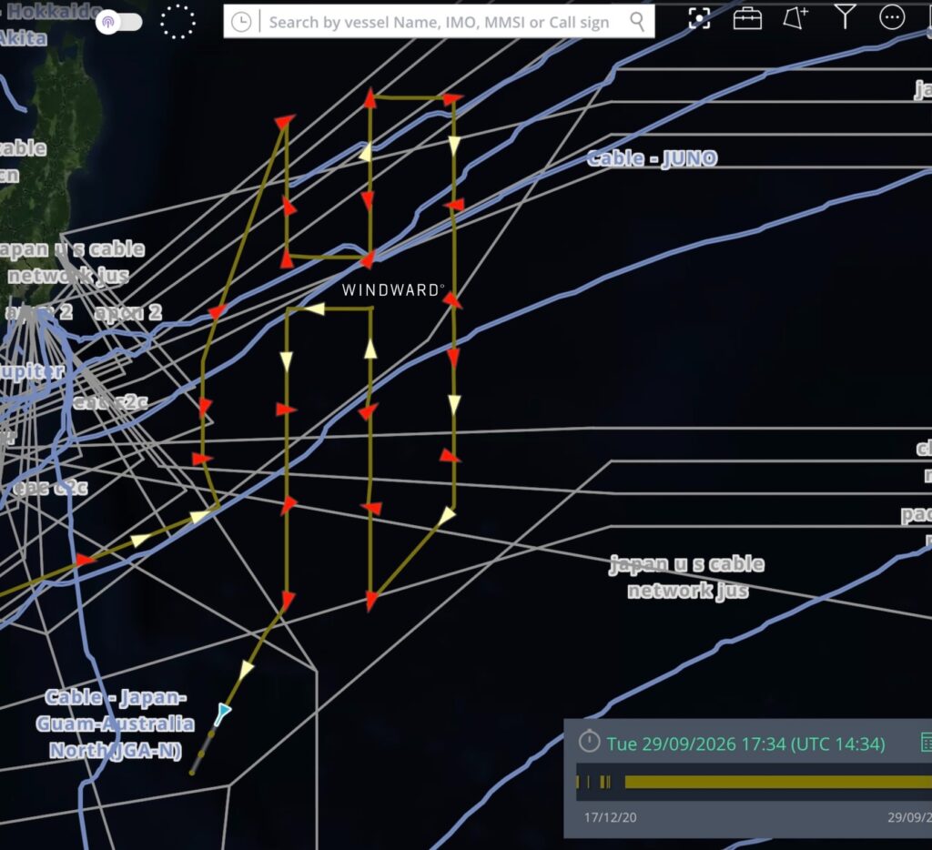 Chinese university research vessel survey grid over the Japan to U.S. cable corridor, September 11 to 29, 2026. Source: Windward Maritime AI™ Platform.