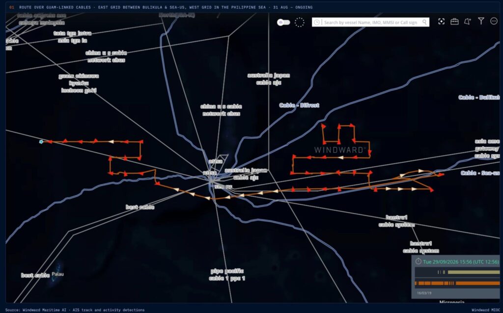 The Chinese-flagged fishery patrol vessel’s 
research-pattern grids on both sides of the Guam cable hub between August 31 and September 29, 2026. Source: Windward Maritime AI™ Platform.