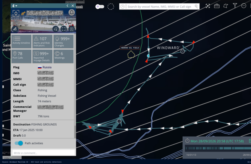 Russian fishing vessel trawling over five transatlantic cables just outside Canada's EEZ, August 28 to September 28, 2026. Source: Windward Maritime AI™ Platform.