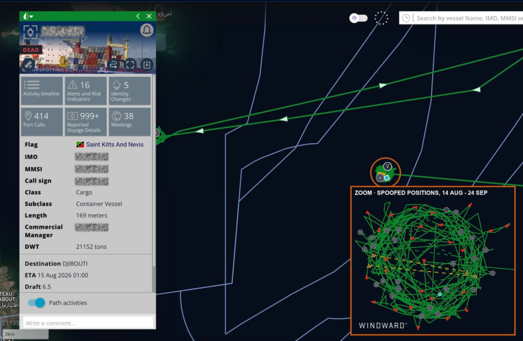 Zombie identity broadcasting spoofed positions over the Djibouti cable landing approaches, August 14 to September 24, 2026. Source: Windward Maritime AI™ Platform.